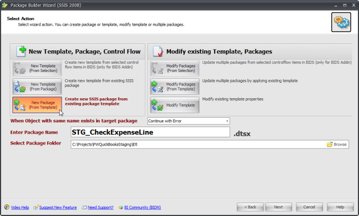 BI xPress Package Builder Wizard - Select Action